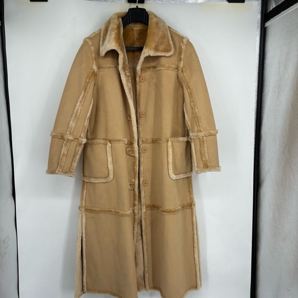 Vintage 90s Y2K Faux Fur Long Line Brown Trend Coat Button Up Teddy Brown Warm - Picture 3 of 15